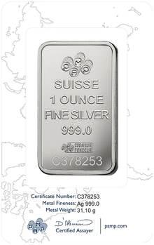Lingot d'Argent 1 Once Pamp