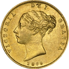 Pièce Demi Souverain Or 1869 Victoria Tête Jeune Revers Armoiries Londres NGC AU55