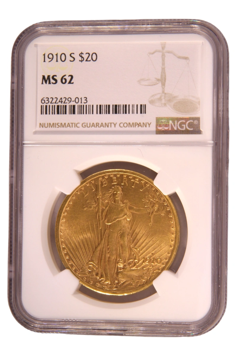 Pièce d'or Double Eagle St Gaudens Head 1910 de 20 $ San Francisco NGC MS62