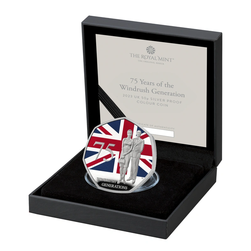 Pièce 50 Pence Argent 2023 75 Ans de la Génération Windrush en Boîte
