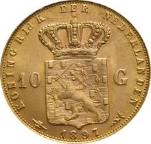 Pièce 10 Florins Or Néerlandais Wilhelmine Jeune 1897
