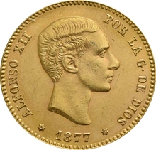 Pièce 25 Pesetas Or Espagnol Alfonso XII Tête Jeune