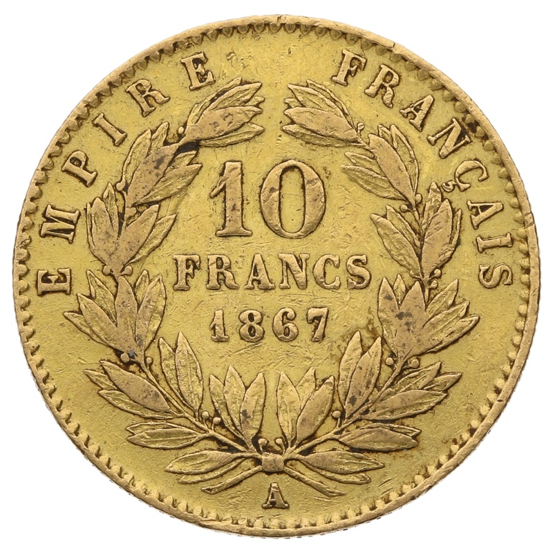 1867 10 French Francs Napoleon III Laureate Head – A