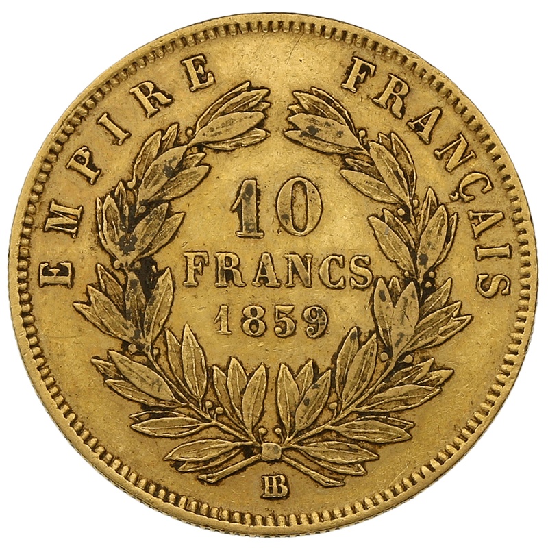 1859 10 French Francs - Napoleon III (Bare Head) BB