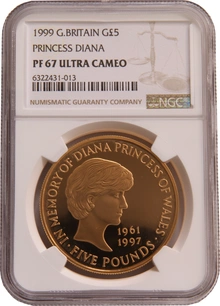 Pièce 5 Livres Couronne Or 1999 Diana Princess Of Wales Memorial BE NGC PF67