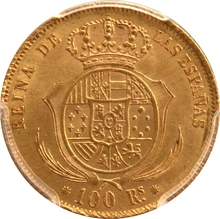 Pièce 100 Reales Or Espagnole 1859 Isabel II Barcelone PCGS Ms64