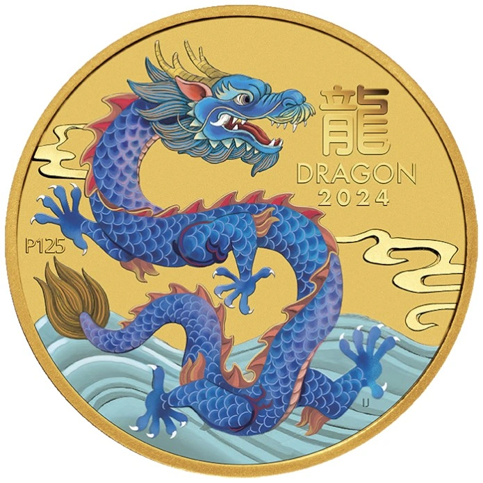 Pièce Perth Mint Lunar Or 1/10 Once 2024 Colorée Année du Dragon