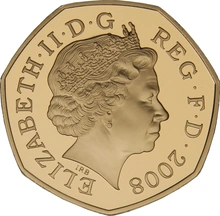 Pièce 50p Pence Or 2008 Bouclier Royal BE