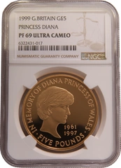 Pièce 5 Livres Couronne Or 1999 Diana Princess Of Wales Memorial BE NGC PF69