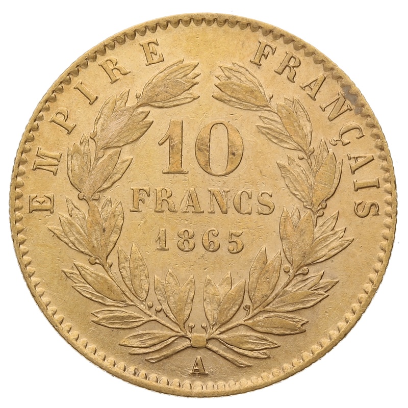 1865 10 French Francs Napoleon III Laureate Head – A