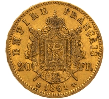 Pièce 20 Francs Or Napoléon III Tête Laurée 1861 BB