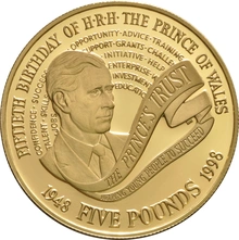 Pièce Quintuple Souverain Or 1998 Prince Charles 50 Ans en Boîte