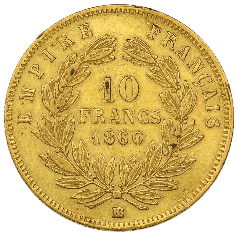 1860 10 French Francs - Napoleon III (Bare Head) BB