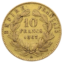 Pièce 10 Francs Or 1867 Napoléon III Tête Laurée A