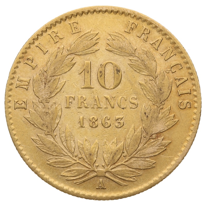 1863 10 French Francs Napoleon III Laureate Head – A