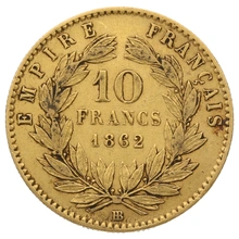 Pièce 10 Francs Or 1862 Napoléon III Tête Laurée BB