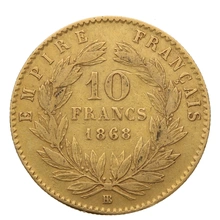 Pièce 10 Francs Or 1868 Napoléon III Tête Laurée BB