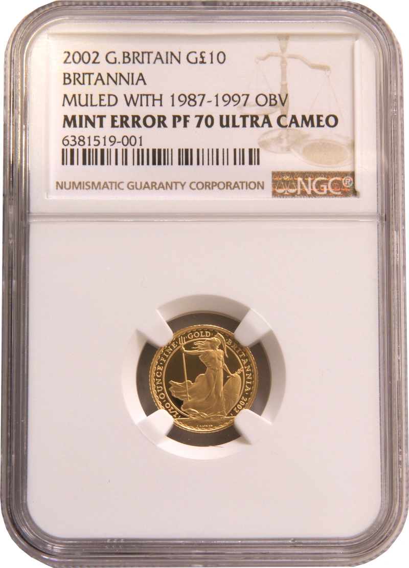 Pièce Britannia Or 1/10 Once 2002 BE Maklouf Mule Mint Erreur NGC PF70