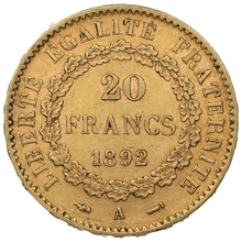 20 Francs Or Génie 3ème République 1892 A