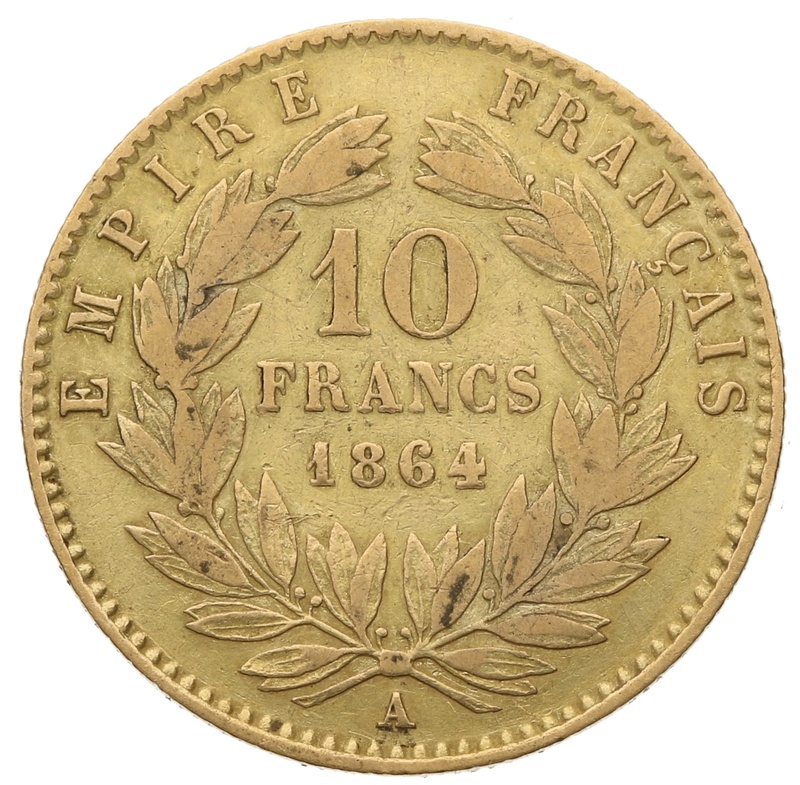 1864 10 French Francs Napoleon III Laureate Head – A