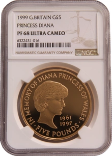 Pièce 5 Livres Couronne Or 1999 Diana Princess Of Wales Memorial BE NGC PF68