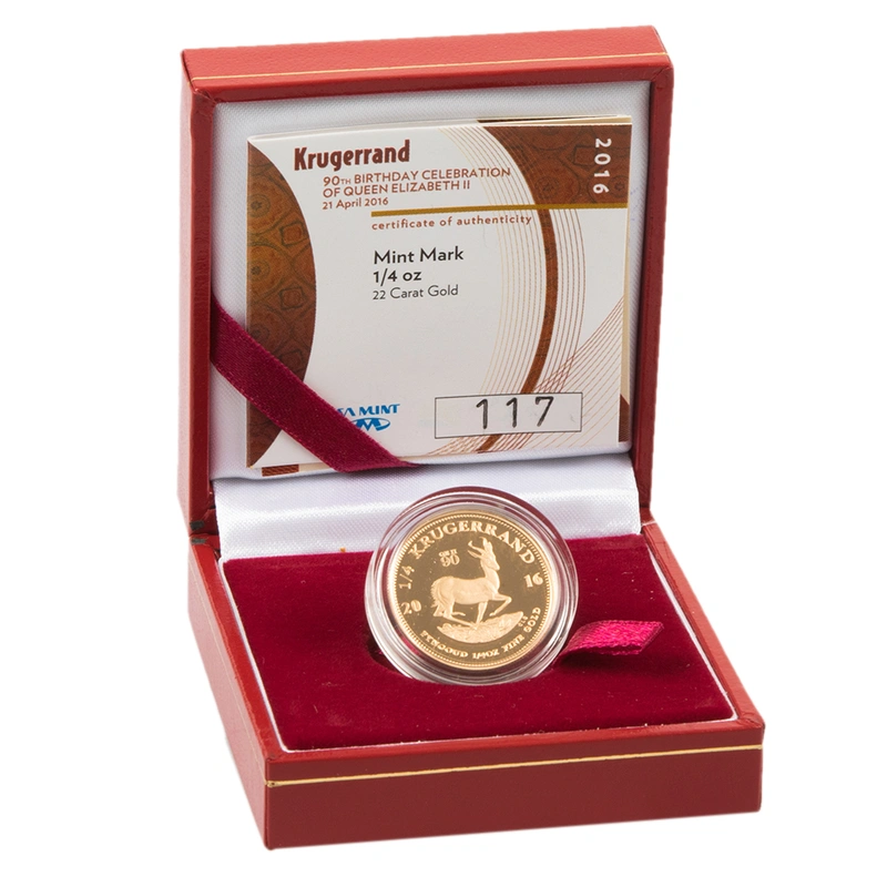 Pièce Krugerrand Or 1/4 Once 2016 QEII 90ème Anniversaire BE en Boîte