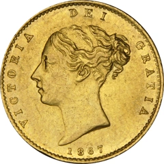 Pièce Demi Souverain Or 1867 Victoria Tête Jeune Revers Armoiries Londres NGC AU58