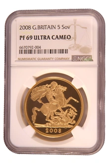 2008 - Pièce d'Or de 5 £ (Quintuple Souverain) NGC PF69