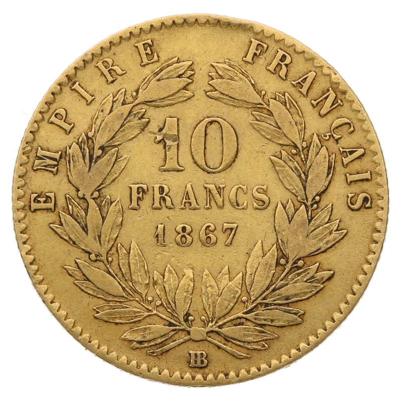 1867 10 French Francs Napoleon III Laureate Head – BB