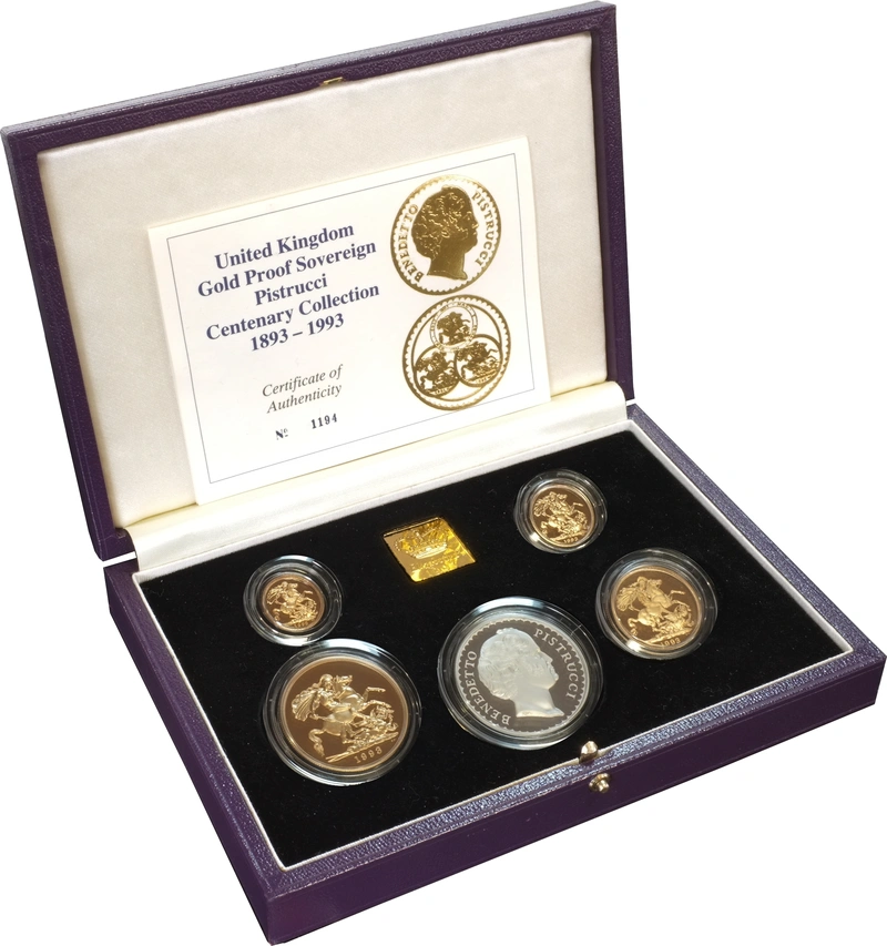 4 Pièces Souverains Or 1993 Benedetto Pistrucci BE en Boîte