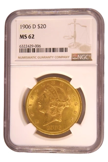 Pièce d'or de 20 $ Double Eagle Liberty Head de 1906, Denver NGC MS62