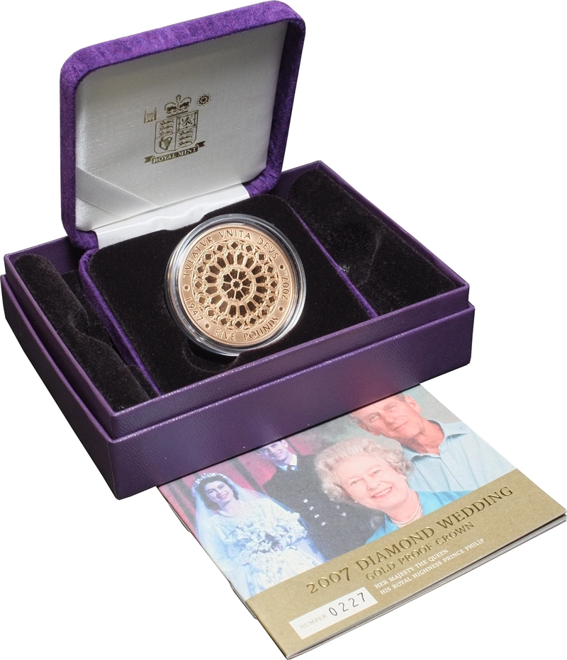 Pièce Quintuple Souverain Or 2007 £5 Noces de Diamant en Boîte