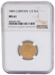 Pièce Demi Souverain Or 1885 Victoria Tête Jeune Revers Armoiries Londres NGC MS61