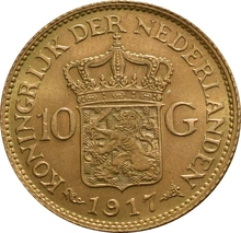 Pièce 10 Florins Or Néerlandais Wilhelmine Adulte 1911 à 1917