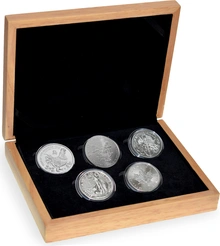 Grand coffret cadeau en chêne - 5 pièces d'argent de 1 once
