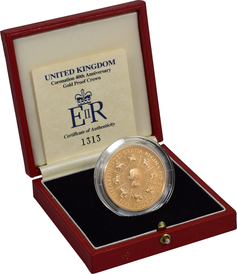 Pièce Quintuple Souverain Or 1993 £5 Elisabeth II 40 Ans Couronnement en Boîte
