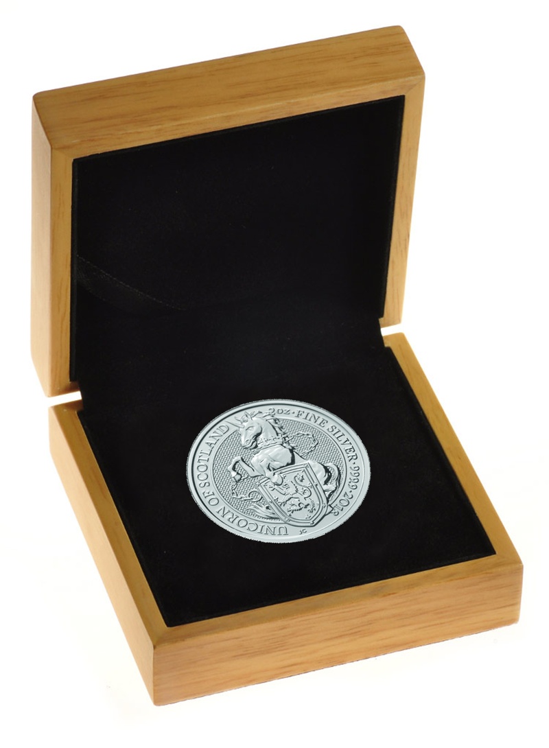 Royal Mint Queen's Beasts Argent 2 Onces Licorne d'Ecosse en Coffret