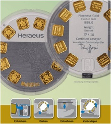 Lingots d'or de 1 gramme - Multidisque Heraeus 10 x 1g