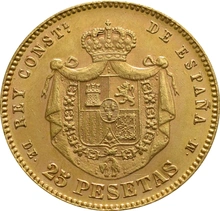 Pièce 25 Pesetas Or Espagnol Alfonso XII Tête Jeune