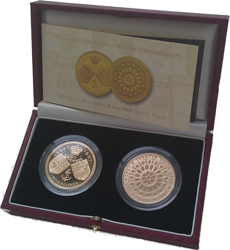 2 Pièces Quintuples Souverains Or Noces d'Or et de Diamant 1997 et 2007 en Boîte