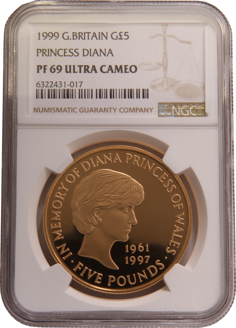 1999 - Couronne d'épreuve en or de 5 £, Diana Princess of Wales Memorial NGC PF69