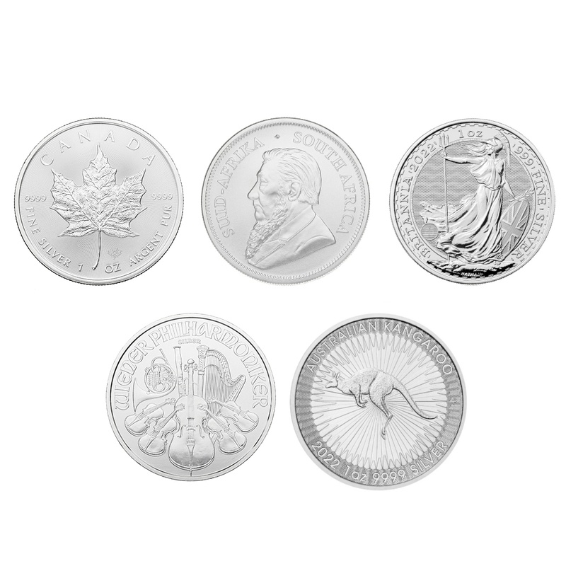 2022 1oz Silver Coin Set; Britannia, Maple, Philharmonic, Krugerrand, Kangaroo