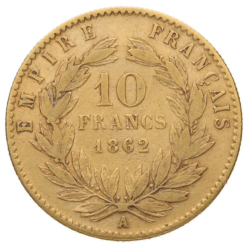 1862 10 French Francs Napoleon III Laureate Head – A