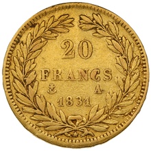 20 Francs Or Louis-Philippe Tête Nue Tranche en Relief 1831 A