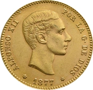 Pièce 25 Pesetas Or Espagnol Alfonso XII Tête Jeune