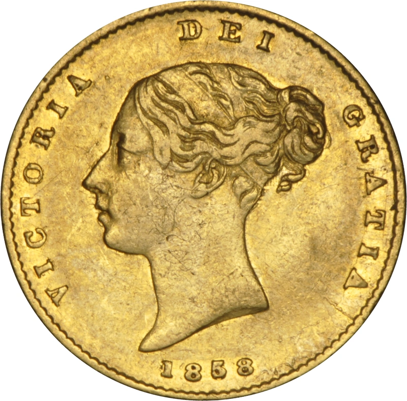 Pièce Demi Souverain Or 1858 Victoria Tête Jeune Revers Armoiries Londres NGC AU53