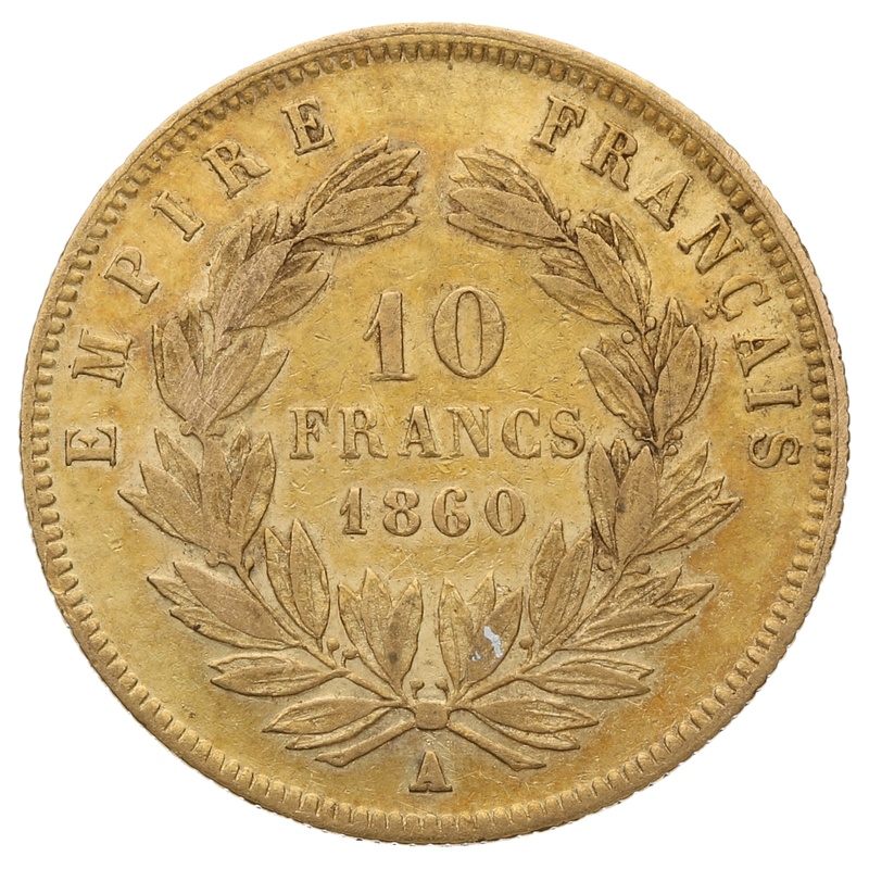 1860 10 French Francs - Napoleon III (Bare Head) A