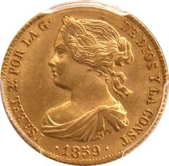 Pièce 100 Reales Or Espagnole 1859 Isabel II Barcelone PCGS Ms64