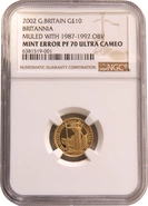 Pièce Britannia Or 1/10 Once 2002 BE Maklouf Mule Mint Erreur NGC PF70