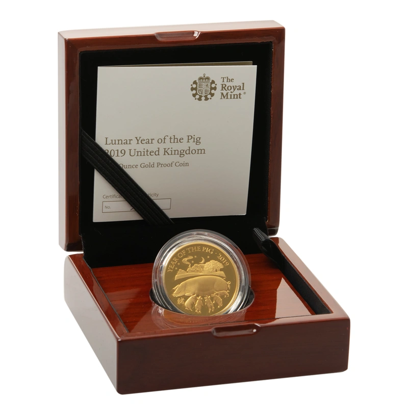 Pièce Royal Mint Lunar Or 1 Once 2019 Année du Cochon en Boîte
